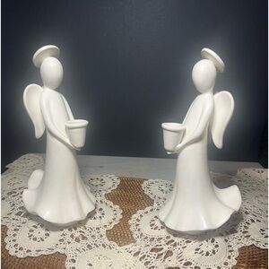 TWO PORCELAIN ANGELS CANDLE HOLDERS WHITE CERAMIC PORCELAIN